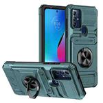 For Motorola G Pure TPU+PC Shockproof Card Slot Phone Case with Metal Ring Holder(Green)