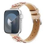 For Apple Watch Series 8 45mm Stitched Flower Leather Watch Band(Khaki)