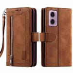For Motorola Moto G85 Nine Card Zipper Bag Leather Phone Case with Lanyard(Brown)