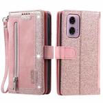 For Motorola Moto E14 Nine Card Zipper Bag Leather Phone Case with Lanyard(Pink)