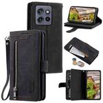 For Motorola Edge 50 Neo Nine Card Zipper Bag Leather Phone Case with Lanyard(Black)