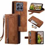 For Motorola Edge 50 Neo Nine Card Zipper Bag Leather Phone Case with Lanyard(Brown)