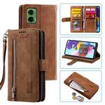 For Motorola Moto G35 Nine Card Zipper Bag Leather Phone Case with Lanyard(Brown)