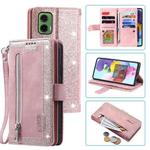 For Motorola Moto G35 Nine Card Zipper Bag Leather Phone Case with Lanyard(Pink)