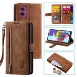 For Motorola Moto G55 Nine Card Zipper Bag Leather Phone Case with Lanyard(Brown)