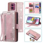 For Motorola Moto G55 Nine Card Zipper Bag Leather Phone Case with Lanyard(Pink)