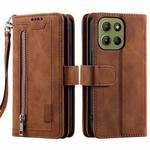 For Motorola Moto G15 Nine Card Zipper Bag Leather Phone Case with Lanyard(Brown)