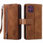 For Motorola Edge 60 Pro Nine Card Zipper Bag Leather Phone Case with Lanyard(Brown)