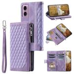 For Motorola Moto E14 Grid Texture Zipper Leather Phone Case with Lanyard(Purple)