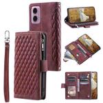 For Motorola Moto E14 Grid Texture Zipper Leather Phone Case with Lanyard(Wine Red)