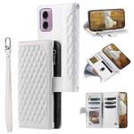 For Motorola Moto E14 Grid Texture Zipper Leather Phone Case with Lanyard(White)