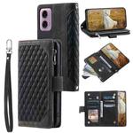 For Motorola Moto G85 Grid Texture Zipper Leather Phone Case with Lanyard(Black)