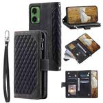 For Motorola Moto G35 Grid Texture Zipper Leather Phone Case with Lanyard(Black)