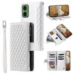 For Motorola Moto G35 Grid Texture Zipper Leather Phone Case with Lanyard(White)