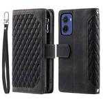 For Motorola Moto G05 Grid Texture Zipper Leather Phone Case with Lanyard(Black)