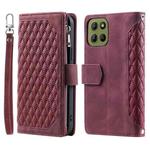 For Motorola Moto G15 Grid Texture Zipper Leather Phone Case with Lanyard(Wine Red)