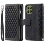 For Motorola Moto G15 Grid Texture Zipper Leather Phone Case with Lanyard(Black)