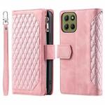 For Motorola Moto G15 Grid Texture Zipper Leather Phone Case with Lanyard(Rose Gold)