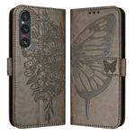 For Sony Xperia 1 V Embossed Butterfly Leather Phone Case(Grey)