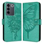 For vivo V27 5G/V27 Pro 5G Global Embossed Butterfly Leather Phone Case(Green)