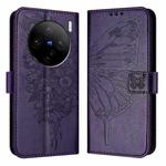 For vivo X100s 5G Embossed Butterfly Leather Phone Case(Dark Purple)