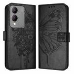 For vivo Y17s 4G Global / Y28 5G India Embossed Butterfly Leather Phone Case(Black)