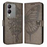 For vivo Y17s 4G Global / Y28 5G India Embossed Butterfly Leather Phone Case(Grey)