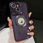 For iPhone 15 Starry Glitter MagSafe Lens Holder Phone Case(Purple)