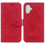 For iPhone 16 Plus Butterfly Rose Embossed Leather Phone Case(Red)