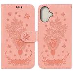 For iPhone 16 Plus Butterfly Rose Embossed Leather Phone Case(Pink)