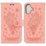 For iPhone 16 Butterfly Rose Embossed Leather Phone Case(Pink)