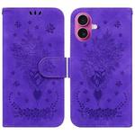 For iPhone 17 Butterfly Rose Embossed Leather Phone Case(Purple)