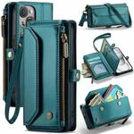 For iPhone 15 Plus CaseMe C36 Card Slots Zipper Wallet RFID Anti-theft Leather Phone Case(Blue-green)