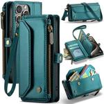 For iPhone 15 Pro CaseMe C36 Card Slots Zipper Wallet RFID Anti-theft Leather Phone Case(Blue-green)