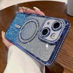 For iPhone 14 Plus Diamond Gradient Glitter Plated MagSafe Phone Case(Blue)