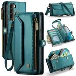 For Samsung Galaxy S22+ 5G CaseMe C36 Card Slots Zipper Wallet RFID Anti-theft Leather Phone Case(Blue-green)