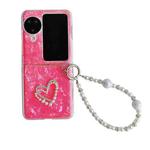 For OPPO Find N3 Flip Pearlescent Shell Texture Heart Pattern Phone Case with Bracelet(Red)