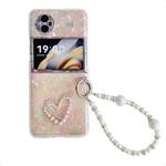 For vivo X Flip Pearlescent Shell Texture Heart Pattern Phone Case with Bracelet(Pink)