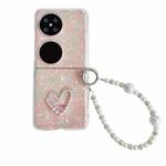 For Huawei P50 Pocket Pearlescent Shell Texture Heart Pattern Phone Case with Bracelet(Pink)