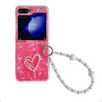 For Samsung Galaxy Z Flip5 Pearlescent Shell Texture Heart Pattern Phone Case with Bracelet(Red)