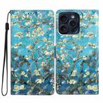 For iPhone 16 Pro 3D Pattern Leather Phone Case(Blue Base Apricot Flower)