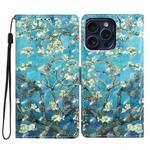 For iPhone 16 Pro Max 3D Pattern Leather Phone Case(Blue Base Apricot Flower)