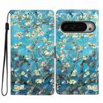 For Google Pixel 9 / 9 Pro 3D Pattern Leather Phone Case(Blue Base Apricot Flower)