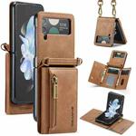 For Samsung Galaxy Z Flip4 5G DG.MING M5 Series Zip RFID Multi Card Detachable Leather Phone Case with Long Lanyard(Brown)