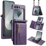 For Samsung Galaxy Z Flip6 DG.MING M5 Series Zip RFID Multi Card Detachable Leather Phone Case with Long Lanyard(Purple)