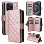 For iPhone 15 Pro Crossbody Rhombic Zipper Tower Buckle Leather Phone Case with Lanyard(Rose Gold)