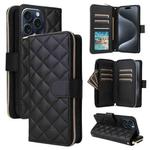 For iPhone 15 Pro Crossbody Rhombic Zipper Tower Buckle Leather Phone Case with Lanyard(Black)