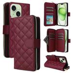 For iPhone 15 Plus / 14 Plus Crossbody Rhombic Zipper Tower Buckle Leather Phone Case with Lanyard(Wine Red)