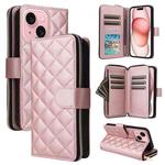 For iPhone 15 Crossbody Rhombic Zipper Tower Buckle Leather Phone Case with Lanyard(Rose Gold)