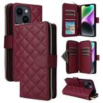 For iPhone 14 / 13 Crossbody Rhombic Zipper Tower Buckle Leather Phone Case with Lanyard(Wine Red)